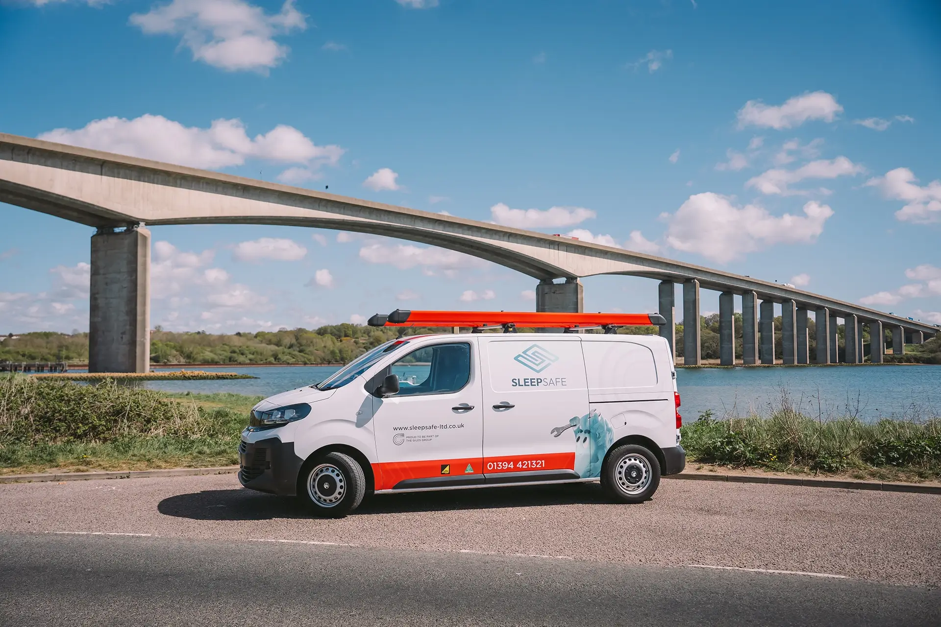 Sleepsafe van in front of Orwell Bridge